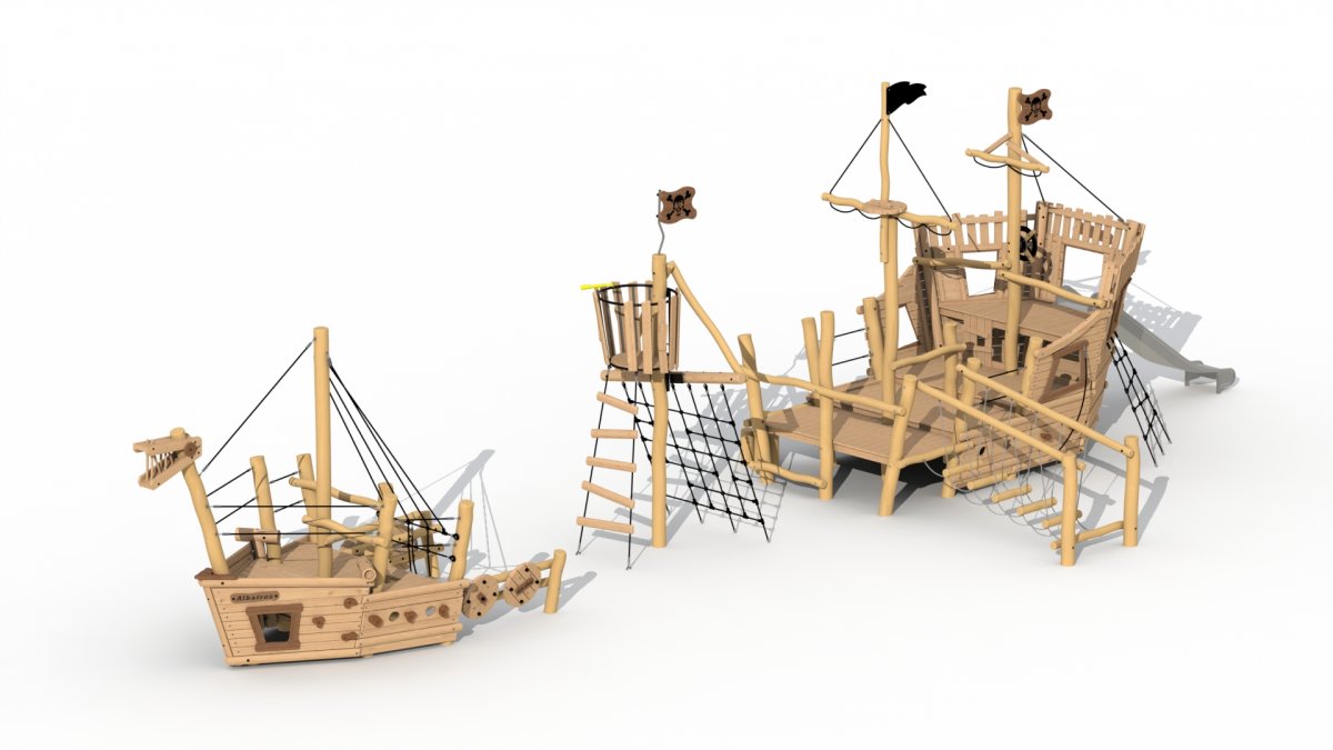 Bateau Viking complet en bois de Robinier - Proue, Poupe et Mat d'observation