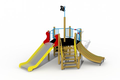 Aire de jeux avec toboggan inox de 3 à 12 ans le Refuge mur a grimper et abri cachette