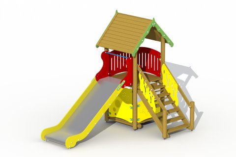 Aire de jeux avec toboggan inox de 3 à 12 ans le Refuge mur a grimper et abri cachette