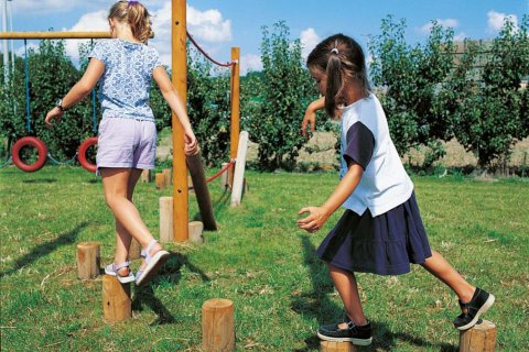 Parcours d'aventure en bois type B pour enfants de 4 à 15 ans avec 10 pas de géants en chêne de diamètre 14 cm / 90 cm
