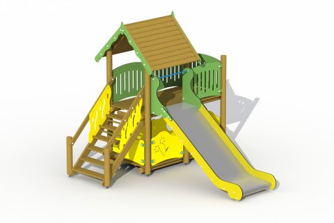 Aire de jeux avec toboggan inox de 3 à 12 ans le Refuge mur a grimper et abri cachette