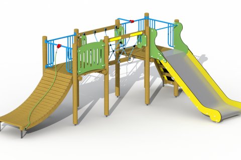 Aire de jeux avec toboggan inox de 3 à 12 ans le Refuge mur a grimper et abri cachette