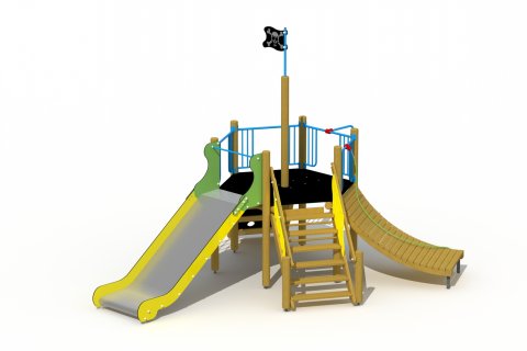 Aire de jeux avec toboggan inox de 3 à 12 ans le Refuge mur a grimper et abri cachette