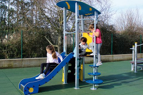 Tour toboggan avec toit en acier galvanisé, glissière inox âge: 1 à 6 ans, mur d'escalade et mât de pompier droit