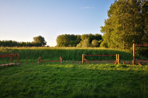 Parcours d'aventure en bois type C pour enfants de 4 à 15 ans avec 10 pas de géant en chêne de diamètre 14 cm / 90 cm de Lg.