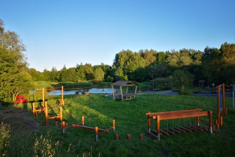 Parcours d'aventure en bois type C pour enfants de 4 à 15 ans avec 10 pas de géant en chêne de diamètre 14 cm / 90 cm de Lg.